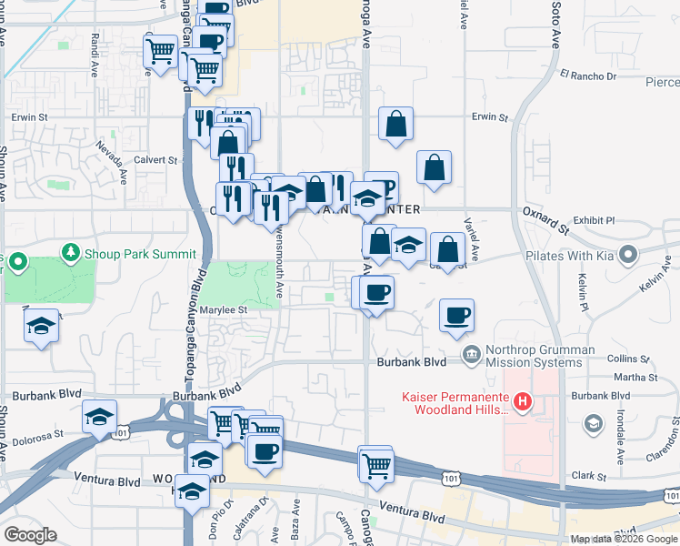 map of restaurants, bars, coffee shops, grocery stores, and more near 21500 Califa Street in Los Angeles