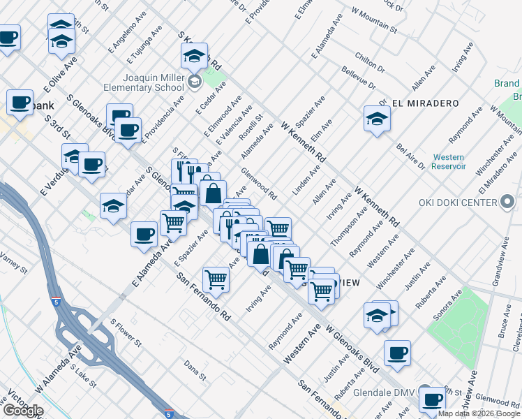 map of restaurants, bars, coffee shops, grocery stores, and more near 1950 Glenwood Road in Glendale