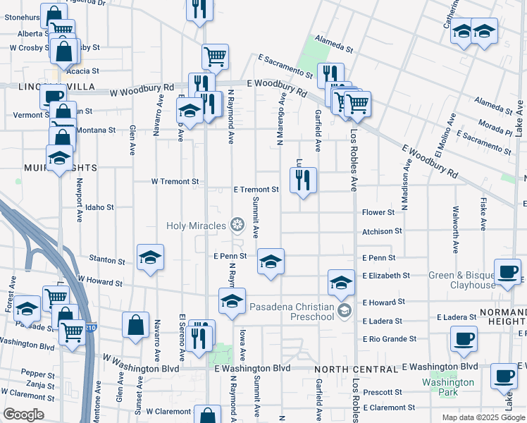 map of restaurants, bars, coffee shops, grocery stores, and more near 1798 Summit Avenue in Pasadena