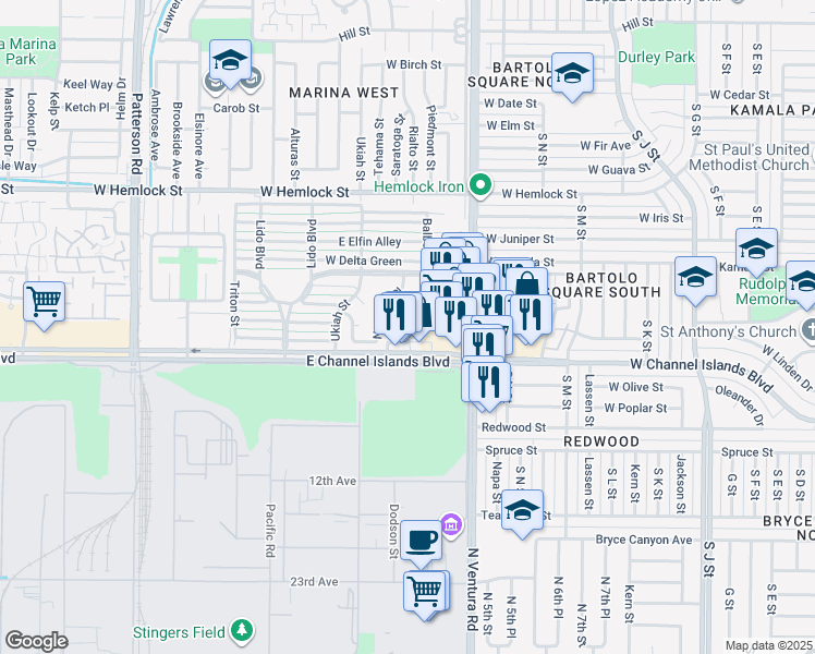map of restaurants, bars, coffee shops, grocery stores, and more near 2561 Madera Circle in Port Hueneme