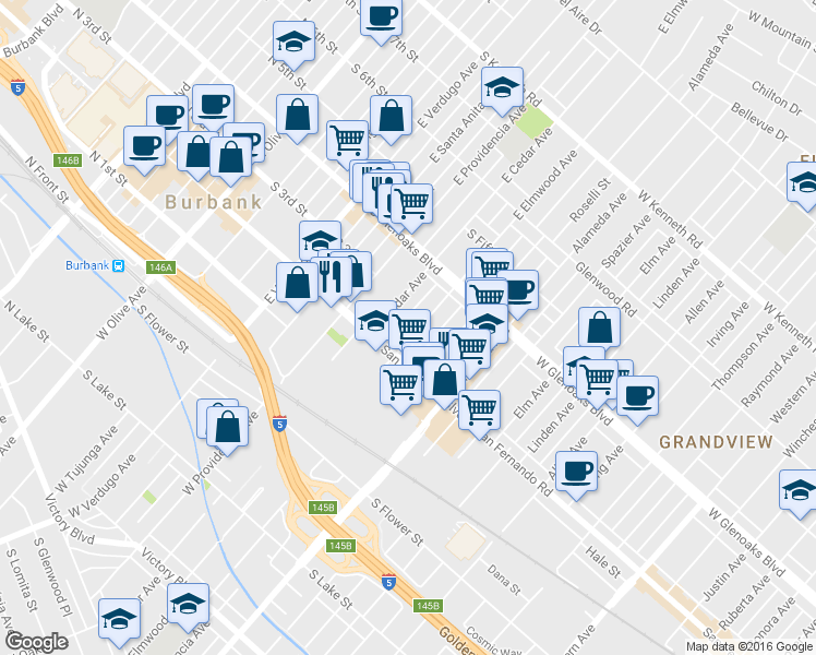 map of restaurants, bars, coffee shops, grocery stores, and more near 231 East Cedar Avenue in Burbank