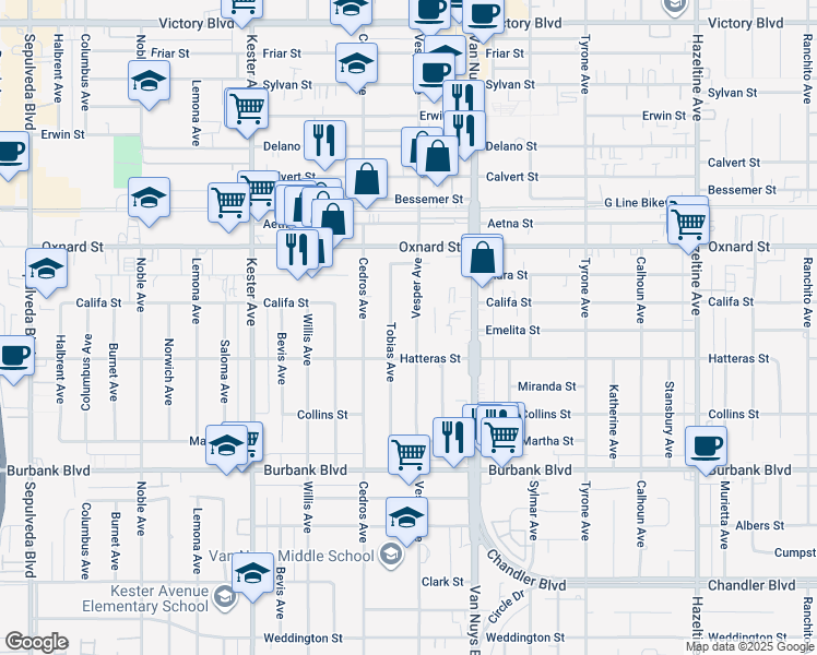 map of restaurants, bars, coffee shops, grocery stores, and more near 5833 Vesper Avenue in Los Angeles