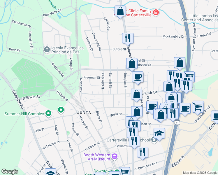 map of restaurants, bars, coffee shops, grocery stores, and more near 104 Mary Street in Cartersville