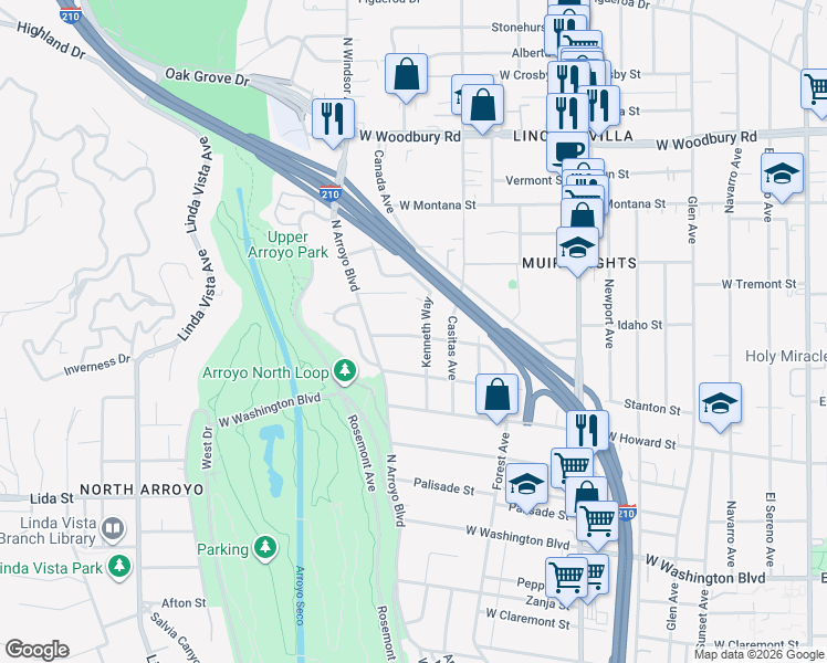 map of restaurants, bars, coffee shops, grocery stores, and more near 737 Coniston Road in Pasadena