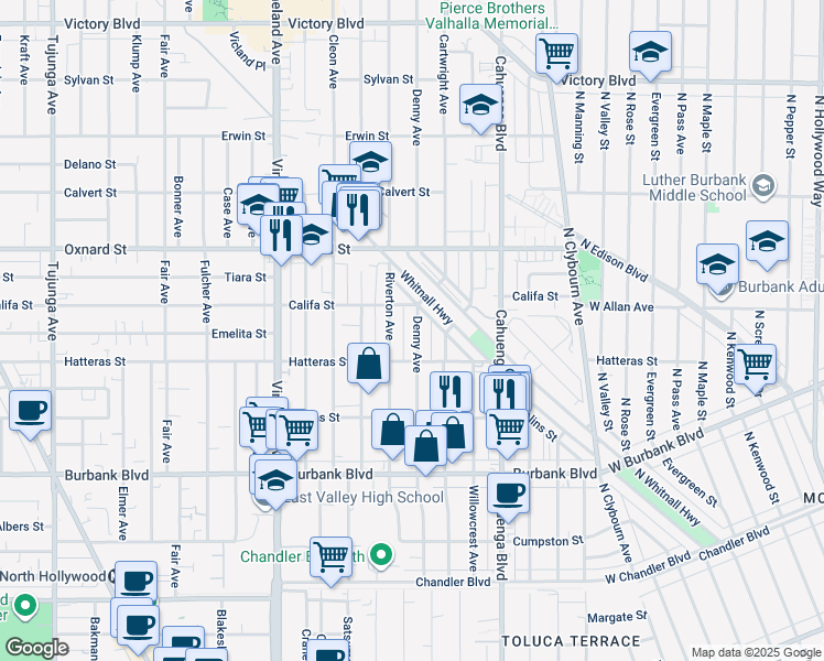 map of restaurants, bars, coffee shops, grocery stores, and more near 5835 Denny Avenue in Los Angeles