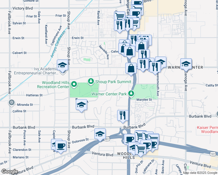 map of restaurants, bars, coffee shops, grocery stores, and more near 5836 Nevada Avenue in Los Angeles