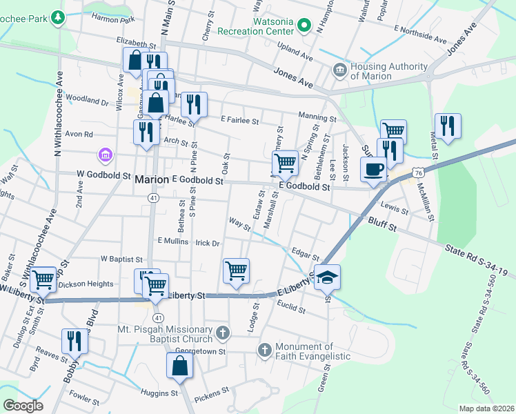 map of restaurants, bars, coffee shops, grocery stores, and more near 401 Eutaw Street in Marion