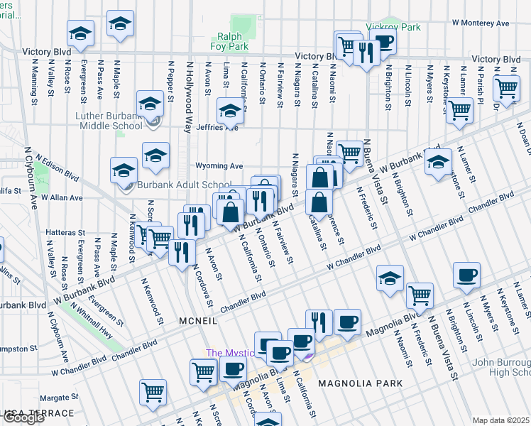 map of restaurants, bars, coffee shops, grocery stores, and more near 3029 West Burbank Boulevard in Burbank