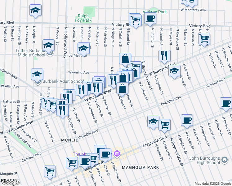 map of restaurants, bars, coffee shops, grocery stores, and more near 1235 North Catalina Street in Burbank