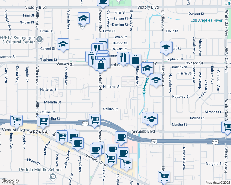 map of restaurants, bars, coffee shops, grocery stores, and more near 18408 Hatteras Street in Los Angeles