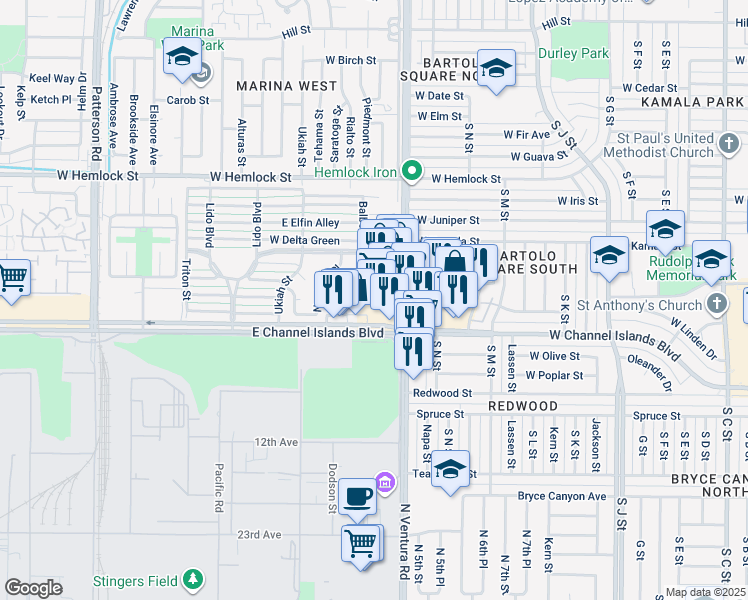map of restaurants, bars, coffee shops, grocery stores, and more near 2631 North Ventura Road in Port Hueneme
