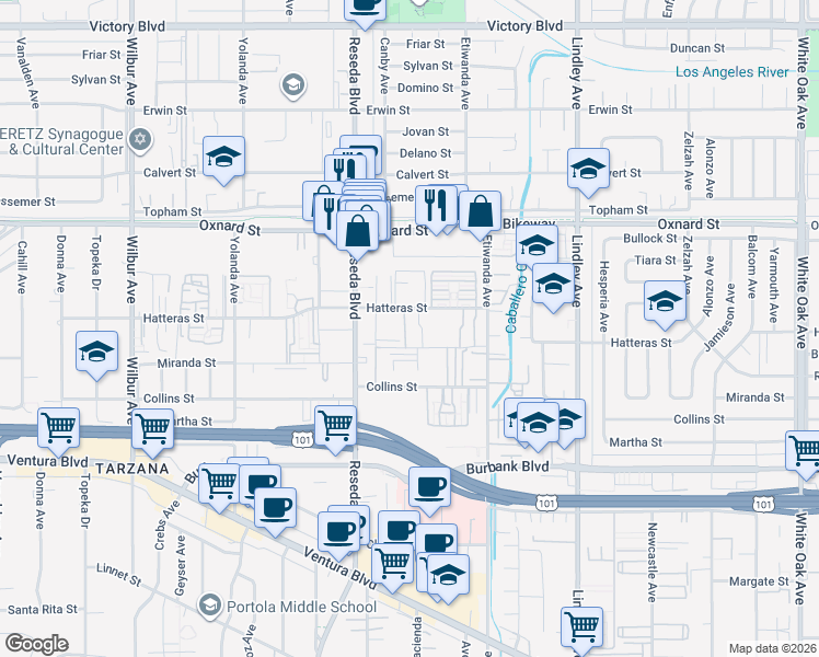map of restaurants, bars, coffee shops, grocery stores, and more near 18408 Hatteras Street in Los Angeles