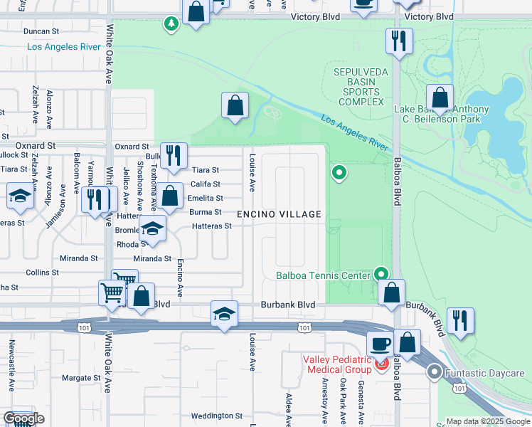 map of restaurants, bars, coffee shops, grocery stores, and more near 5835 Babbitt Avenue in Los Angeles