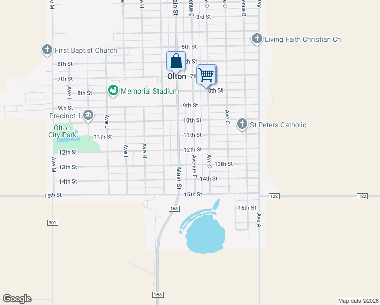 map of restaurants, bars, coffee shops, grocery stores, and more near 1101-1199 Avenue East in Olton