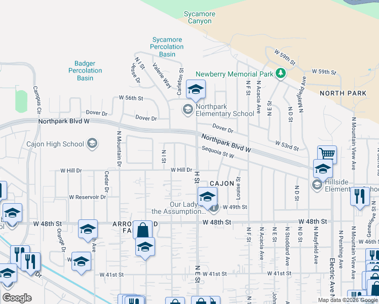 map of restaurants, bars, coffee shops, grocery stores, and more near 822 Sequoia Street West in San Bernardino