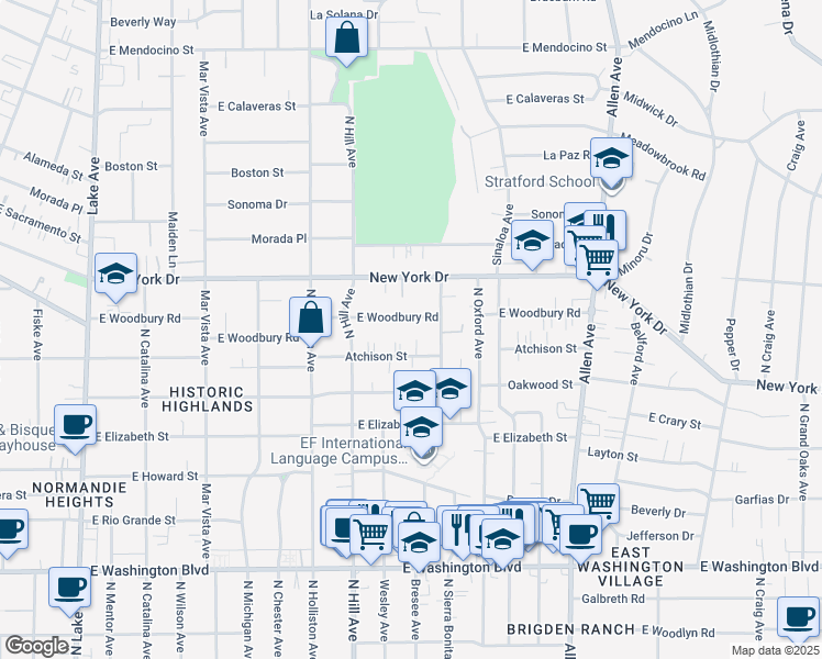 map of restaurants, bars, coffee shops, grocery stores, and more near 1531 East Woodbury Road in Pasadena