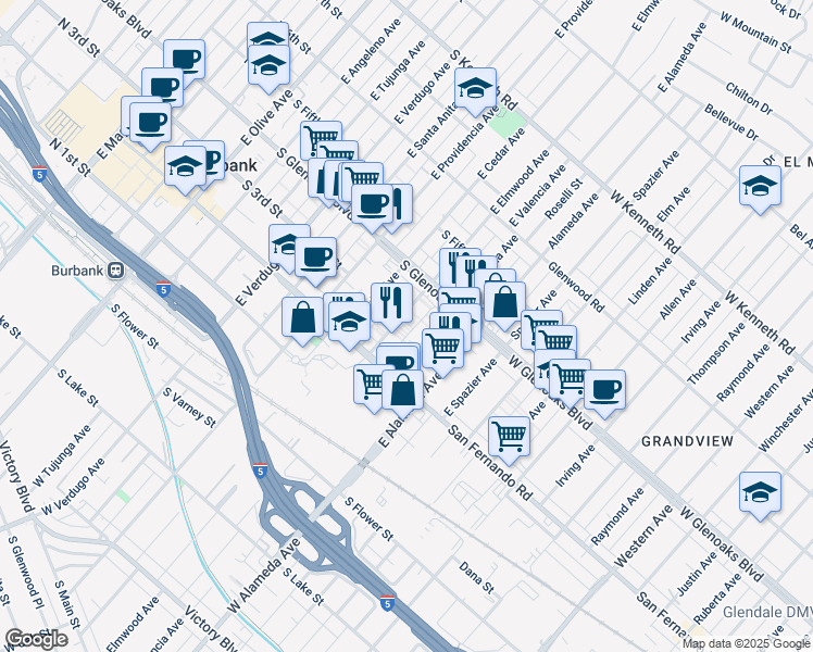 map of restaurants, bars, coffee shops, grocery stores, and more near 303 East Elmwood Avenue in Burbank