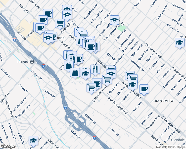 map of restaurants, bars, coffee shops, grocery stores, and more near 231 East Cedar Avenue in Burbank