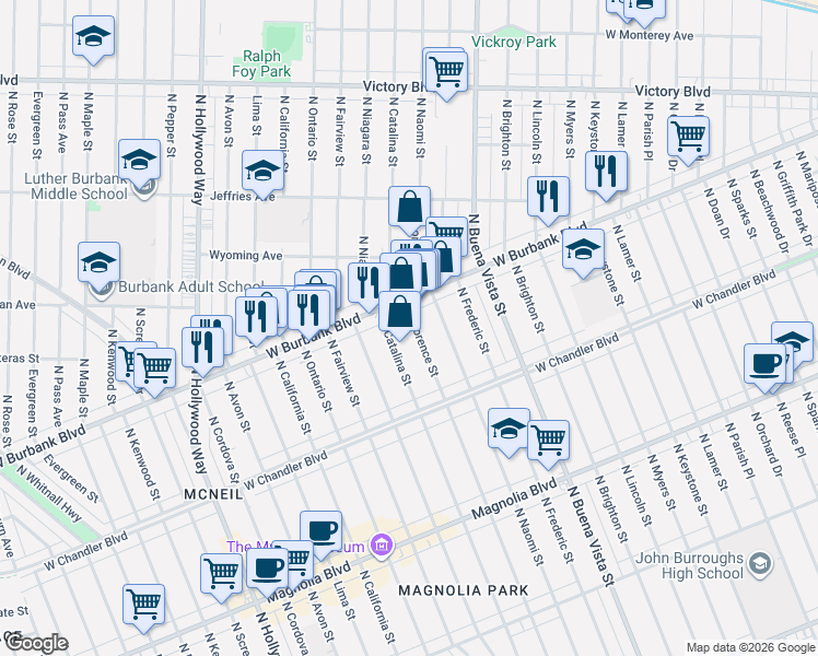 map of restaurants, bars, coffee shops, grocery stores, and more near 2732 West Burbank Boulevard in Burbank