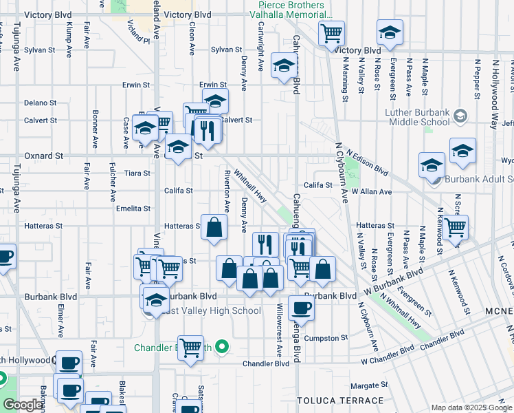 map of restaurants, bars, coffee shops, grocery stores, and more near 5863 Whitnall Highway in Los Angeles