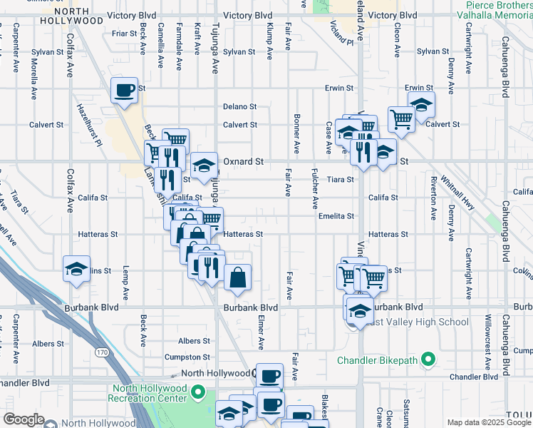 map of restaurants, bars, coffee shops, grocery stores, and more near 11222 Califa Street in Los Angeles