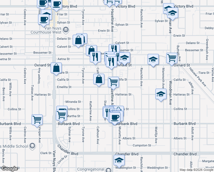 map of restaurants, bars, coffee shops, grocery stores, and more near 14142 Califa Street in Los Angeles