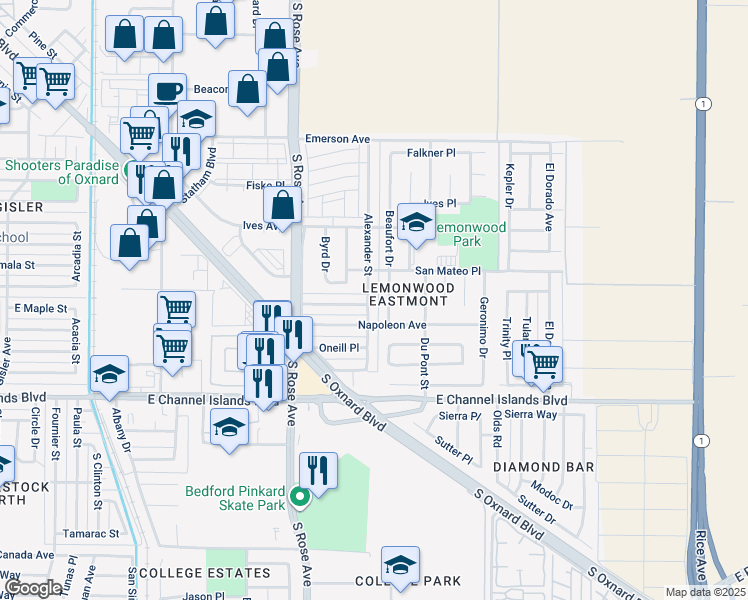 map of restaurants, bars, coffee shops, grocery stores, and more near 1870 San Mateo Place in Oxnard