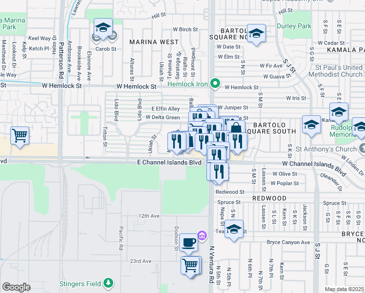 map of restaurants, bars, coffee shops, grocery stores, and more near 2561 Madera Circle in Port Hueneme