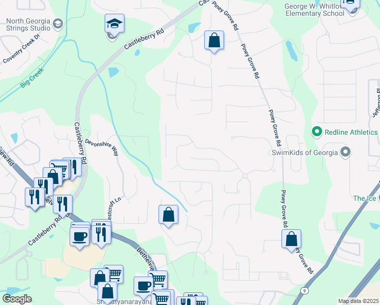 map of restaurants, bars, coffee shops, grocery stores, and more near 5950 Asby Way in Cumming