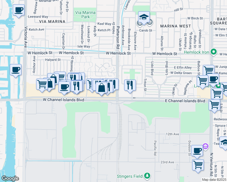 map of restaurants, bars, coffee shops, grocery stores, and more near 416 Harbor Lights Lane in Port Hueneme