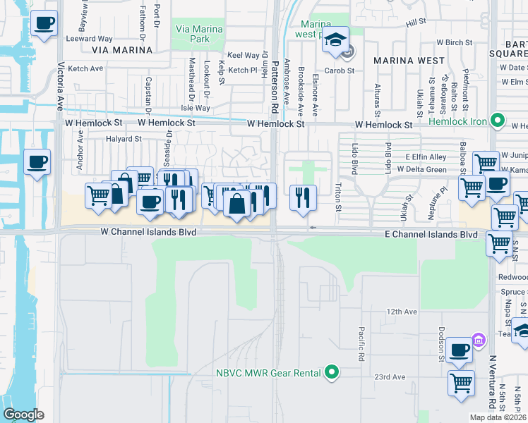 map of restaurants, bars, coffee shops, grocery stores, and more near 416 Harbor Lights Lane in Port Hueneme