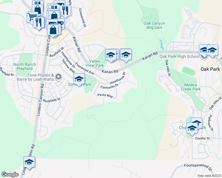 map of restaurants, bars, coffee shops, grocery stores, and more near 5230 Carmento Drive in Oak Park