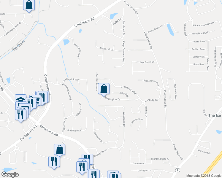 map of restaurants, bars, coffee shops, grocery stores, and more near 5950 Asby Way in Cumming