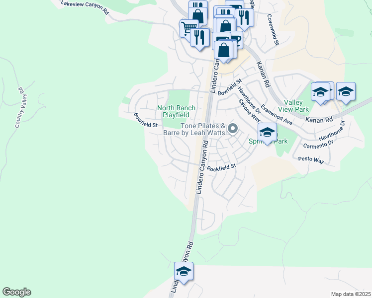 map of restaurants, bars, coffee shops, grocery stores, and more near 5736 Tanner Ridge Avenue in Westlake Village