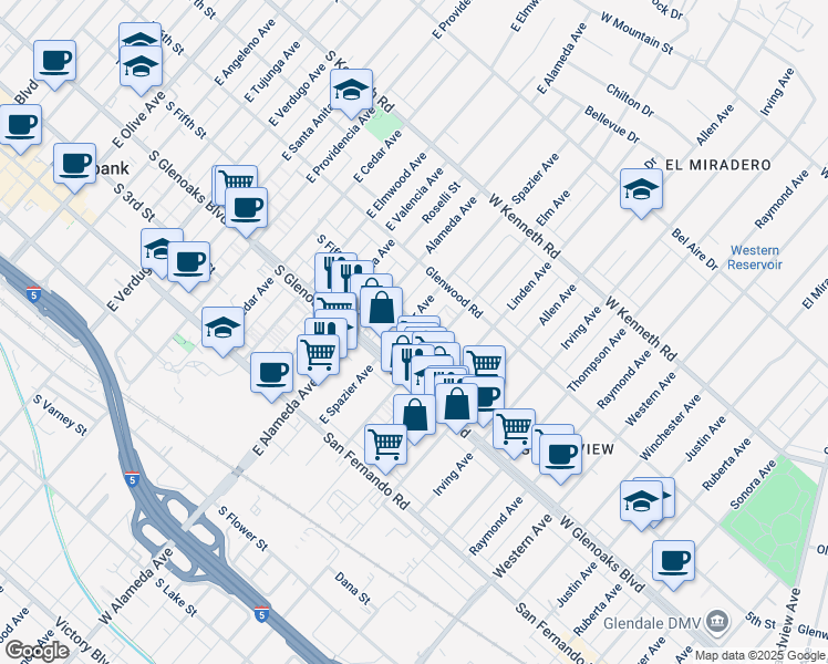 map of restaurants, bars, coffee shops, grocery stores, and more near 1136 Spazier Avenue in Glendale