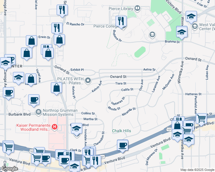 map of restaurants, bars, coffee shops, grocery stores, and more near 20610 Tiara Street in Los Angeles