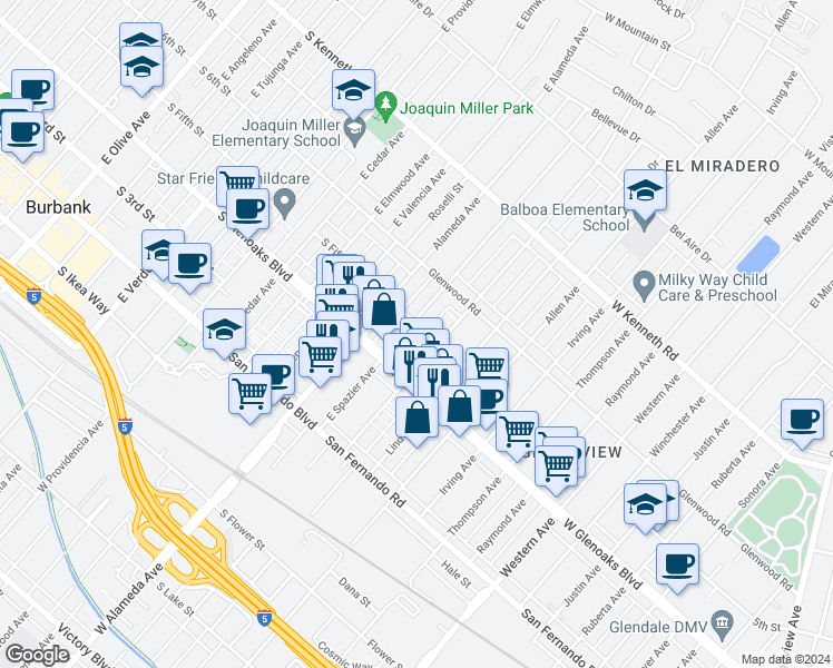 map of restaurants, bars, coffee shops, grocery stores, and more near 1147 Elm Avenue in Glendale