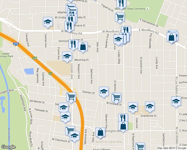 map of restaurants, bars, coffee shops, grocery stores, and more near 1804 Belmont Avenue in Pasadena