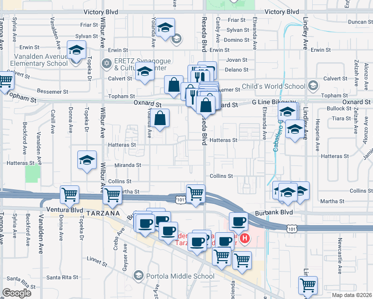 map of restaurants, bars, coffee shops, grocery stores, and more near 18550 Hatteras Street in Los Angeles