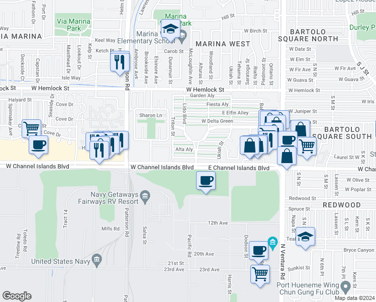 map of restaurants, bars, coffee shops, grocery stores, and more near 129 West Alta Green Street in Port Hueneme