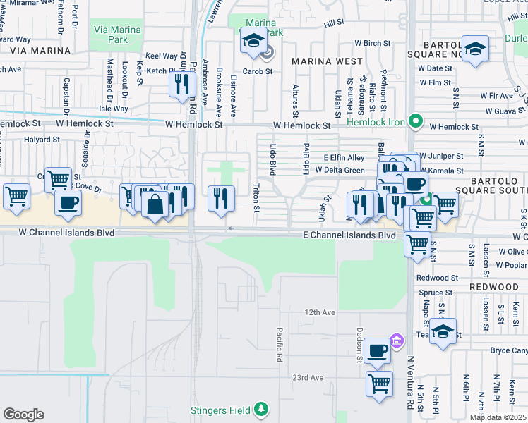 map of restaurants, bars, coffee shops, grocery stores, and more near 169 West Alta Green in Port Hueneme