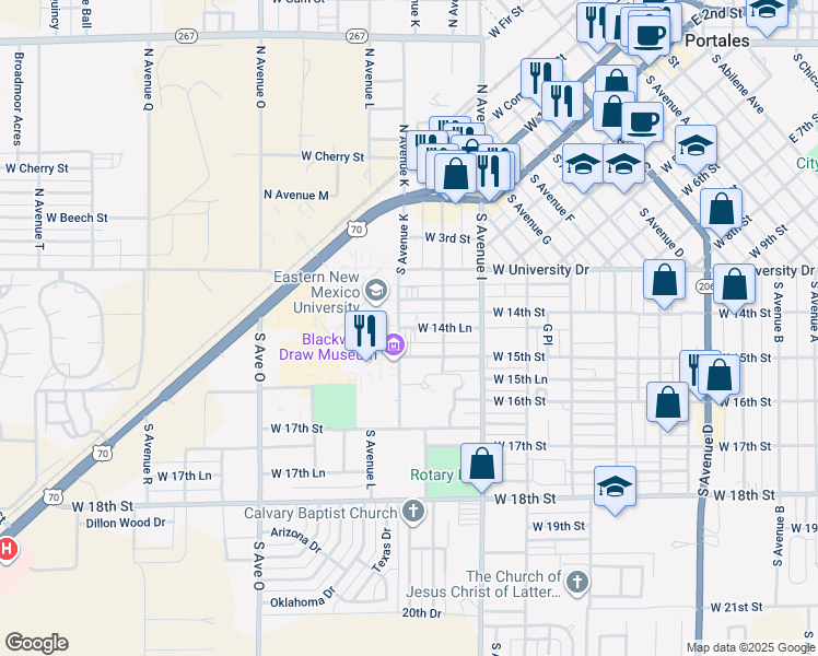 map of restaurants, bars, coffee shops, grocery stores, and more near 1108 West 14th Lane in Portales