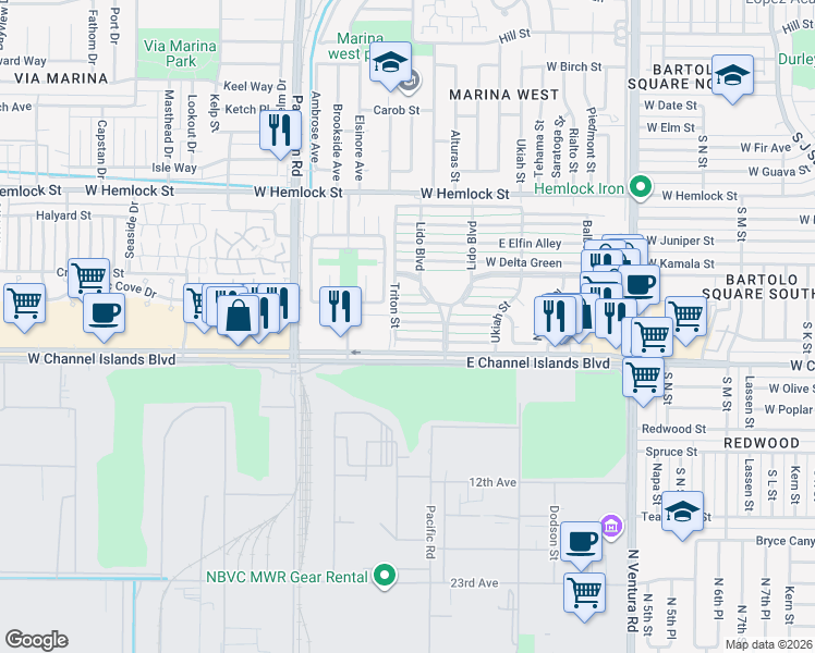 map of restaurants, bars, coffee shops, grocery stores, and more near 169 West Alta Green in Port Hueneme