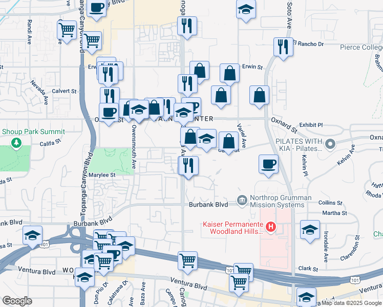 map of restaurants, bars, coffee shops, grocery stores, and more near 5850 Canoga Avenue in Los Angeles