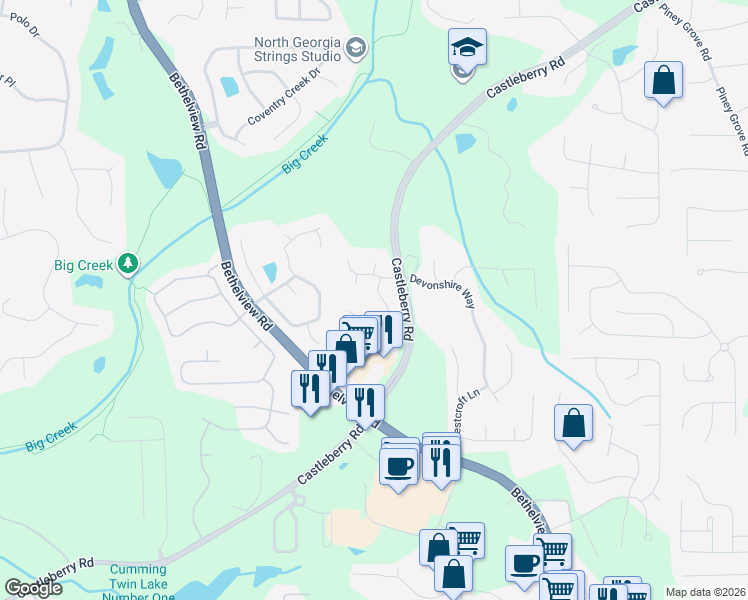 map of restaurants, bars, coffee shops, grocery stores, and more near 5240 Woodleaf Drive in Cumming