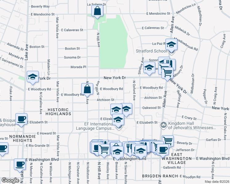 map of restaurants, bars, coffee shops, grocery stores, and more near 1514 East Woodbury Road in Pasadena
