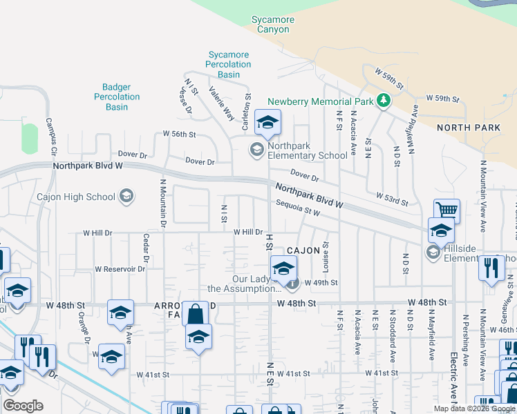 map of restaurants, bars, coffee shops, grocery stores, and more near 822 Sequoia Street West in San Bernardino