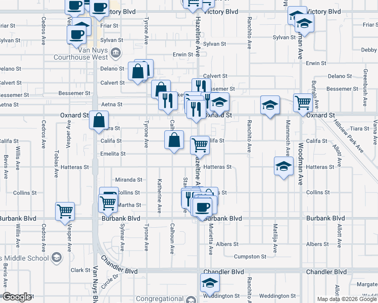 map of restaurants, bars, coffee shops, grocery stores, and more near 14142 Califa Street in Los Angeles