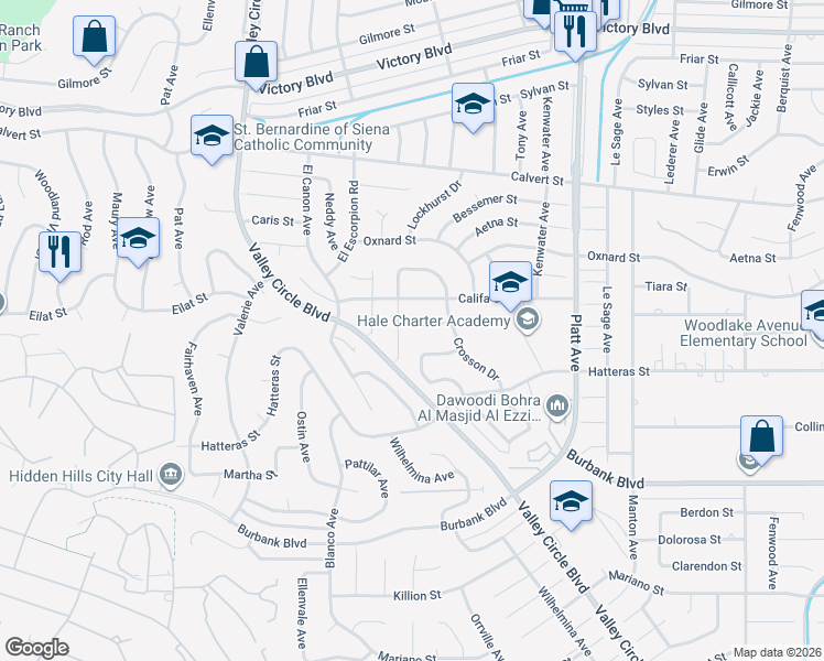 map of restaurants, bars, coffee shops, grocery stores, and more near 23952 Nomar Street in Los Angeles