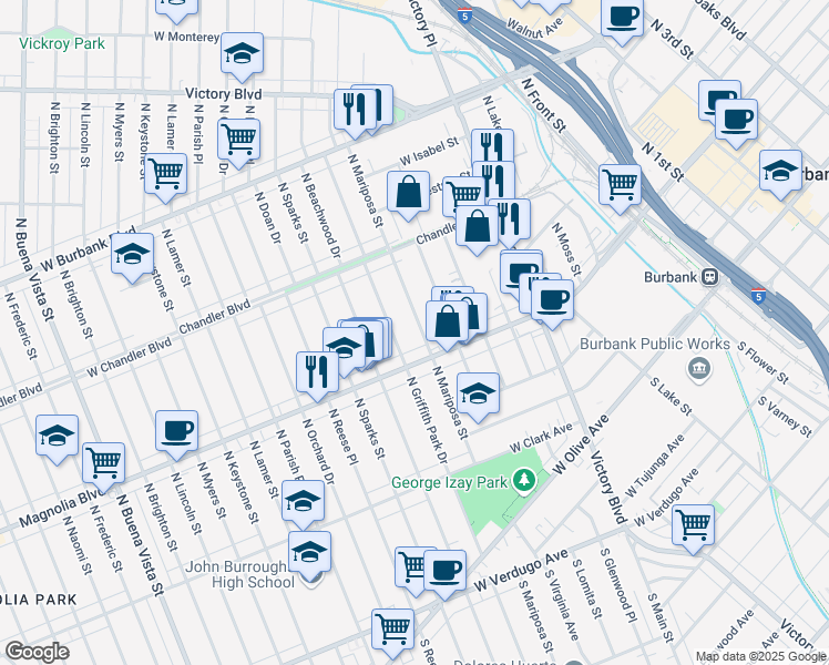 map of restaurants, bars, coffee shops, grocery stores, and more near 525 North Mariposa Street in Burbank
